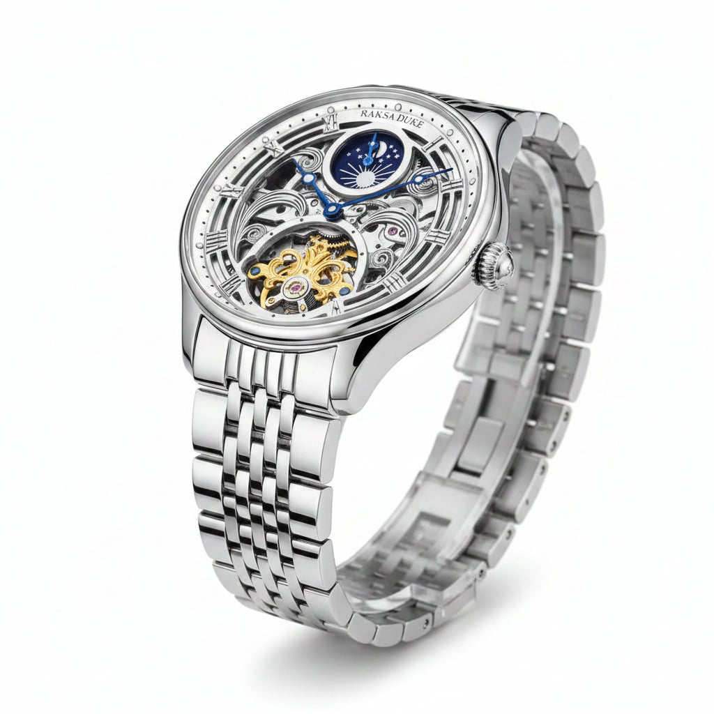 RAKSADUKE Herrenuhr mit Edelstahlarmband – Luxuriöse Skelett-Ästhetik mit markantem Stil